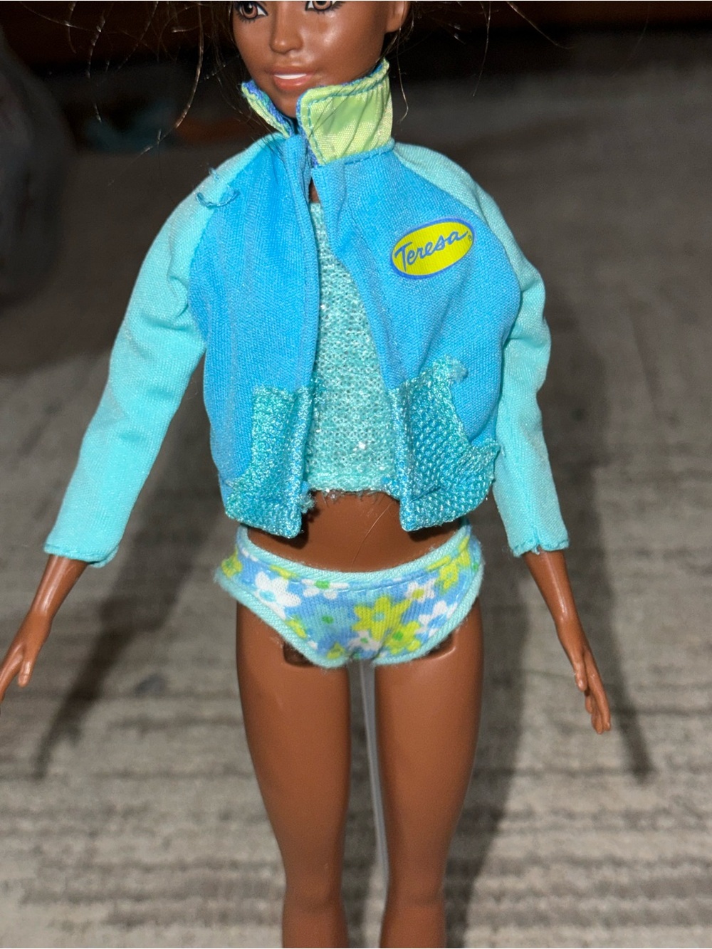 Barbie Mattel 3 piece outfit Teresa coat purple sleeveless top bikini bottoms